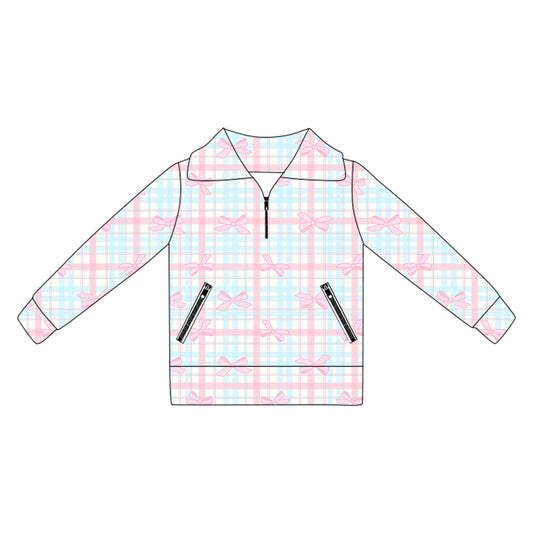 (Pre-order)GT1067 Pink Bows Plaid Girls Yoga Zipper Pullover Top