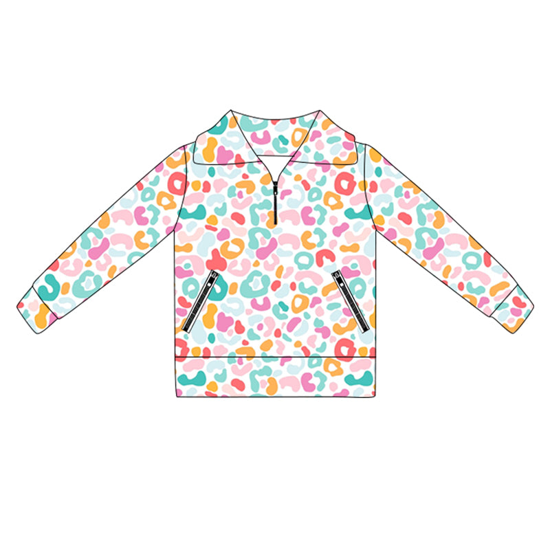 (Pre-order)GT1068 Colorful Leopard Girls Yoga Zipper Pullover Top