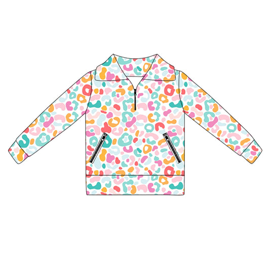 (Pre-order)GT1068 Colorful Leopard Girls Yoga Zipper Pullover Top