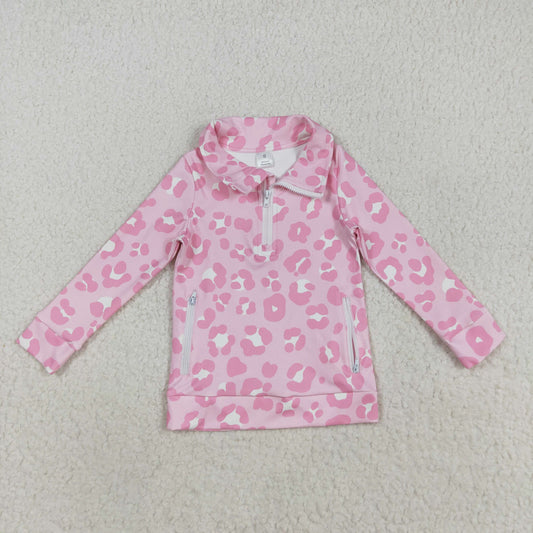 GT1070 Pink Leopard Girls Yoga Zipper Pockets Pullover Top