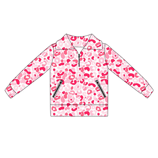 (Pre-order)GT1071 Hot Pink Leopard Girls Yoga Zipper Pullover Top