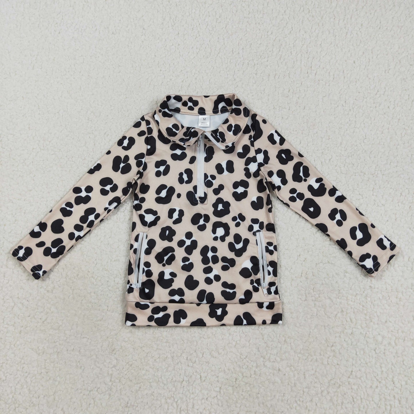 GT1072 Leopard Print Girls Yoga Zipper Pockets Pullover Top