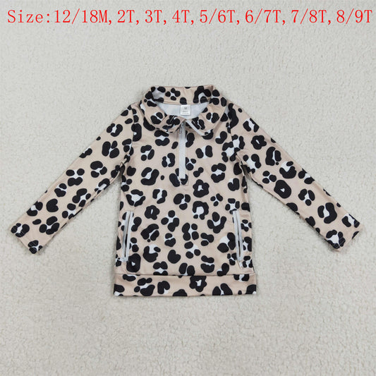 GT1072 Leopard Print Girls Yoga Zipper Pockets Pullover Top
