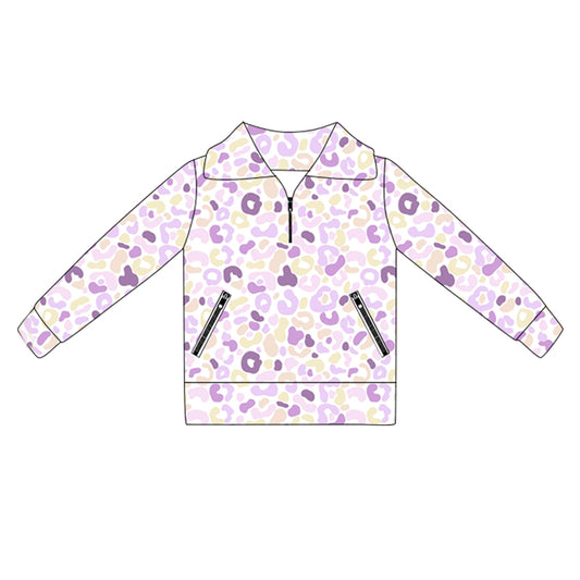 (Pre-order)GT1073 Purple Leopard Girls Yoga Zipper Pullover Top