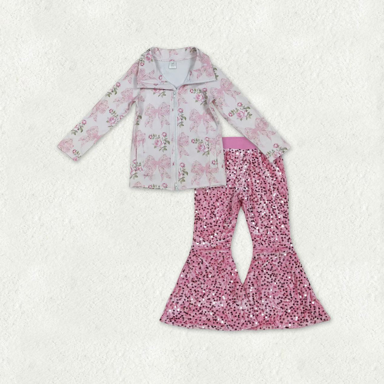 GT1075+D5-27 Pink Bows Flowers Zipper Top Pink Sequin Bell Pants Girls Clothes Sets
