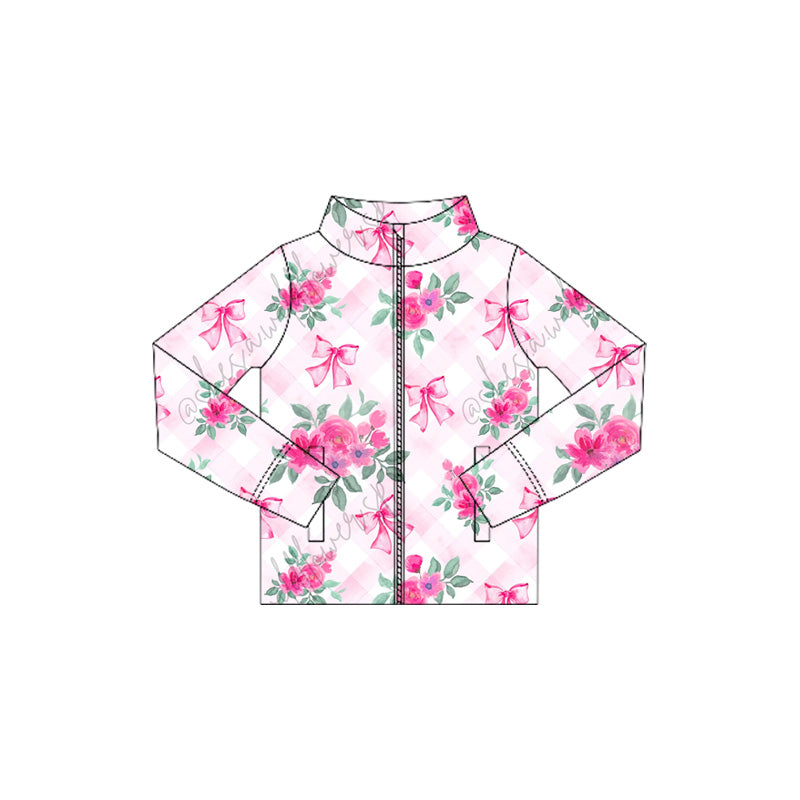 (Pre-order)GT1081 Hot Pink Flowers Bows Girls Yoga Zipper Jackets Top