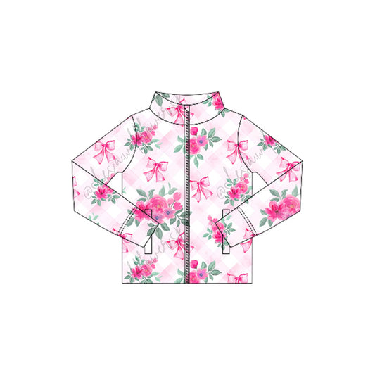 (Pre-order)GT1081 Hot Pink Flowers Bows Girls Yoga Zipper Jackets Top