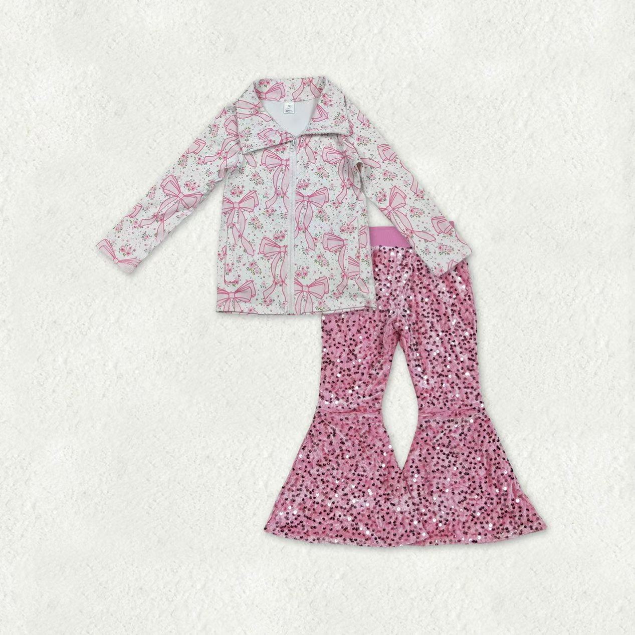 GT1082+D5-27 Bows Flowers Zipper Top Pink Sequin Bell Pants Girls Clothes Sets