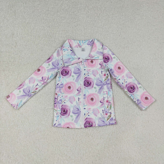 GT1083 Purple Flowers Bows Print Pockets Girls Yoga Zipper Jackets Top