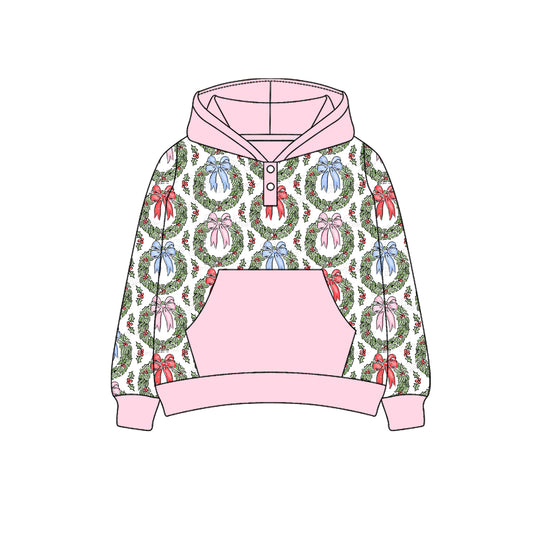 (Pre-order)GT1085 Santa Candy Cane Holly Print Girls Christmas Hoodie Top