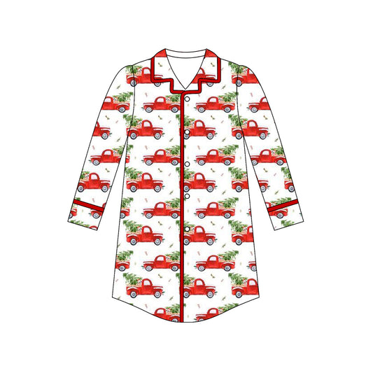 (Pre-order)GT1094 Adult Trucks Tree Print Woman Christmas Pajamas Top Nightgown
