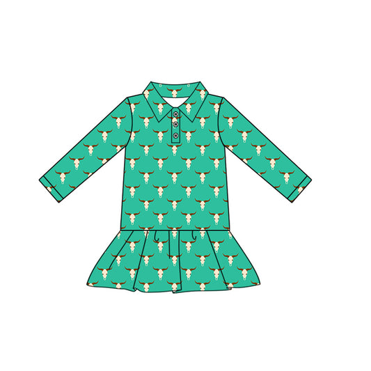 (Pre-order)GT1097 Cow Skull Green Print Girls Fall Western Polo Skirted Top