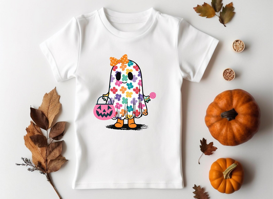 (Pre-order)GT1110 Colorful Flowers Ghost Print Girls Halloween Tee Shirts Top