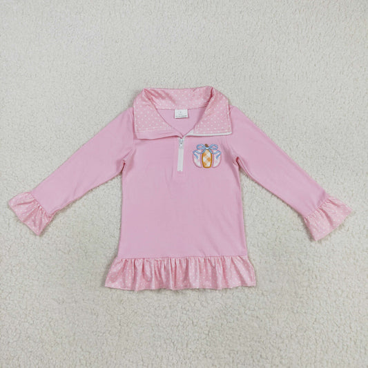 GT1112 Pumpkin Embroiderey Pink Girls Fall Pullover Tee Shirts Top