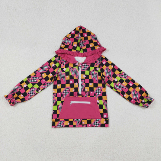 GT1117 Flash Plaid Hot Pink Print Girls Fall Hoodie Zipper Top