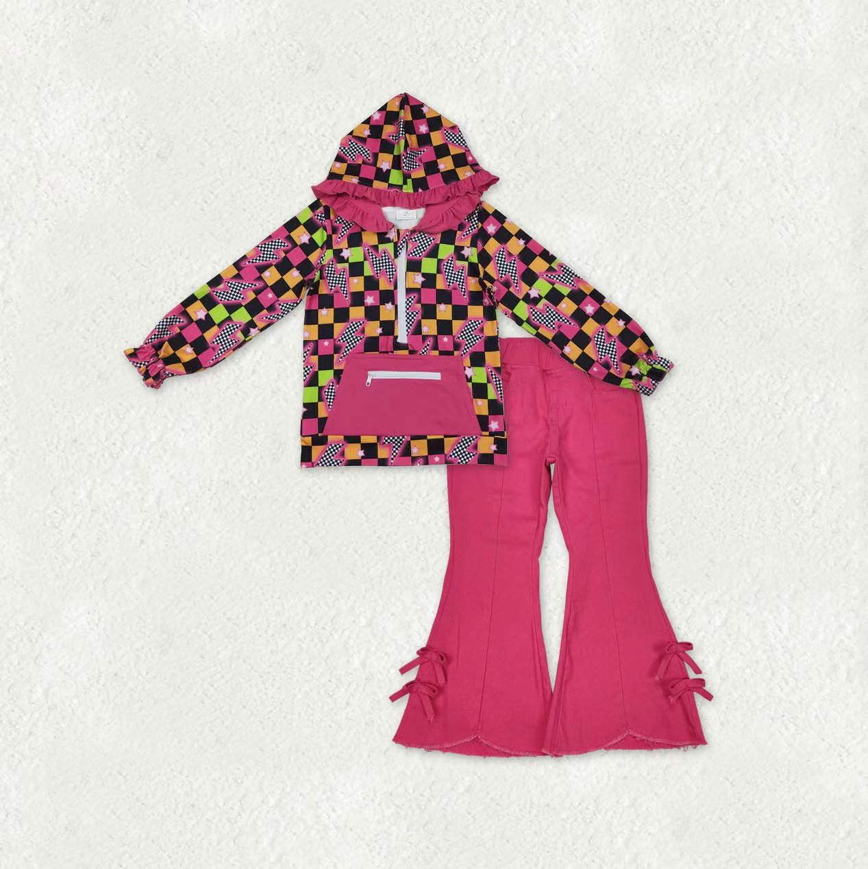 GT1117+P0731 Colorful Plaid Zipper Hoodie Top Pink Jeans Bell Pants Girls Clothes Sets