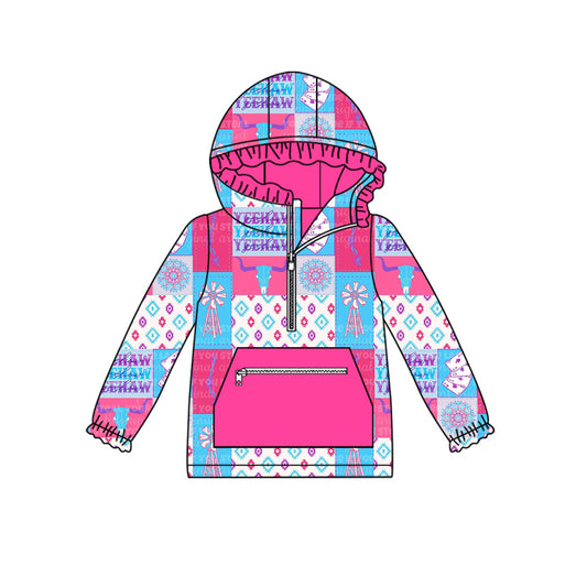 (Pre-order)GT1119 Cow Skull Aztec Western Print Girls Hoodie Zipper Top