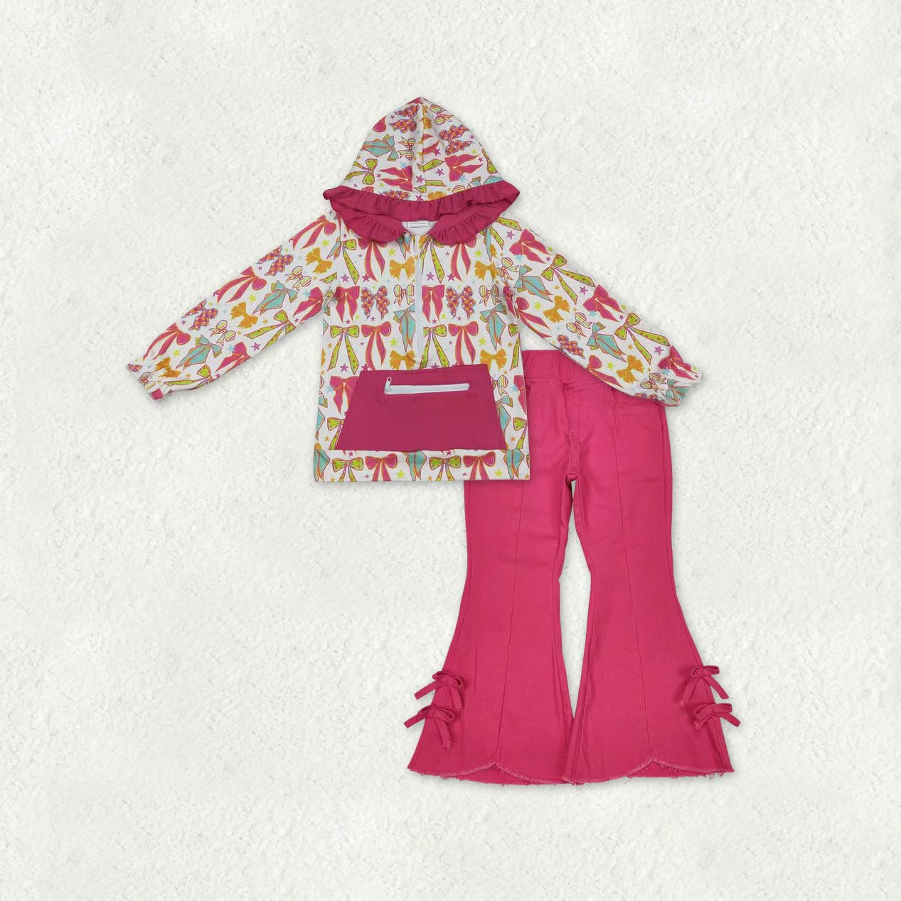 GT1121+P0731 Colorful Bows Zipper Hoodie Top Pink Jeans Bell Pants Girls Clothes Sets
