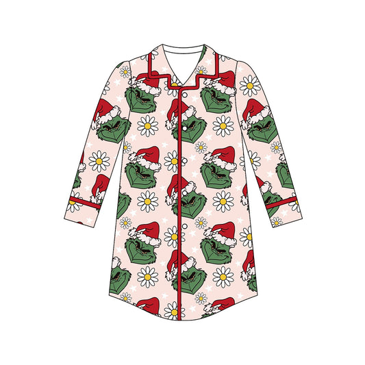 (Pre-order)GT1130 Adult Green Frog Flowers Print Woman Christmas Pajamas Top Nightgown