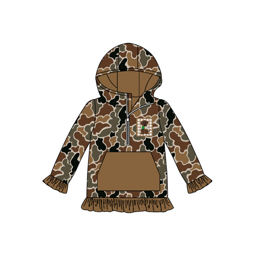 (Pre-order)GT1132 Brown Camo Dog Duck Print Girls Fall Hoodie Zipper Top