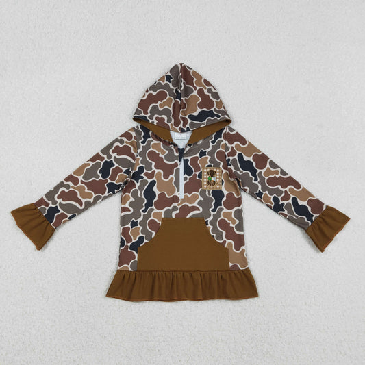 GT1132 Dog Duck Embroidery Brown Camo Print Girls Fall Hoodie Zipper Top