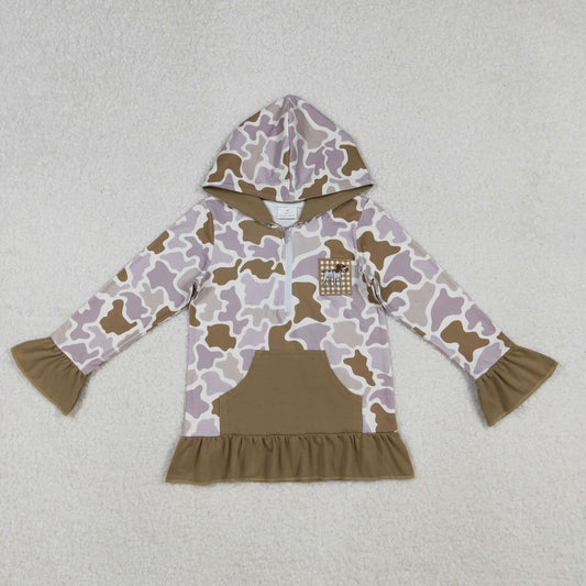 GT1134 Dog Embroider Purple Brwon Camo Print Girls Fall Pocket Zipper Hoodie Top