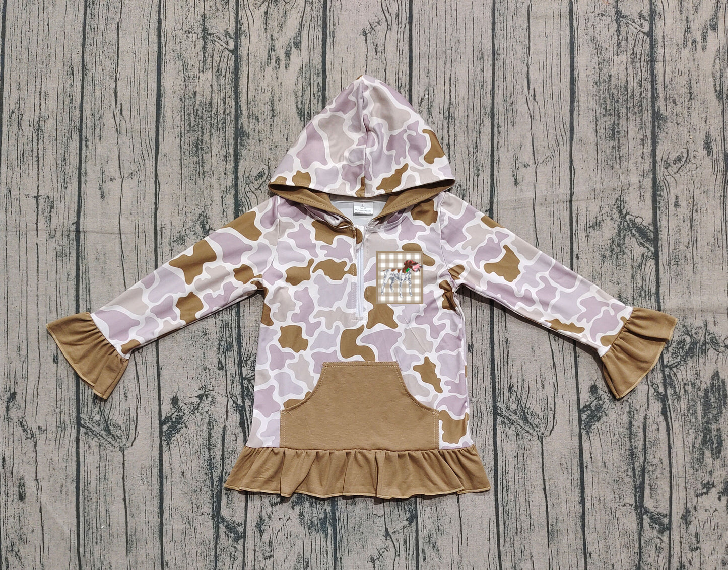 (Pre-order)GT1134 Khaki Camo Dog Print Girls Fall Hoodie Zipper Top