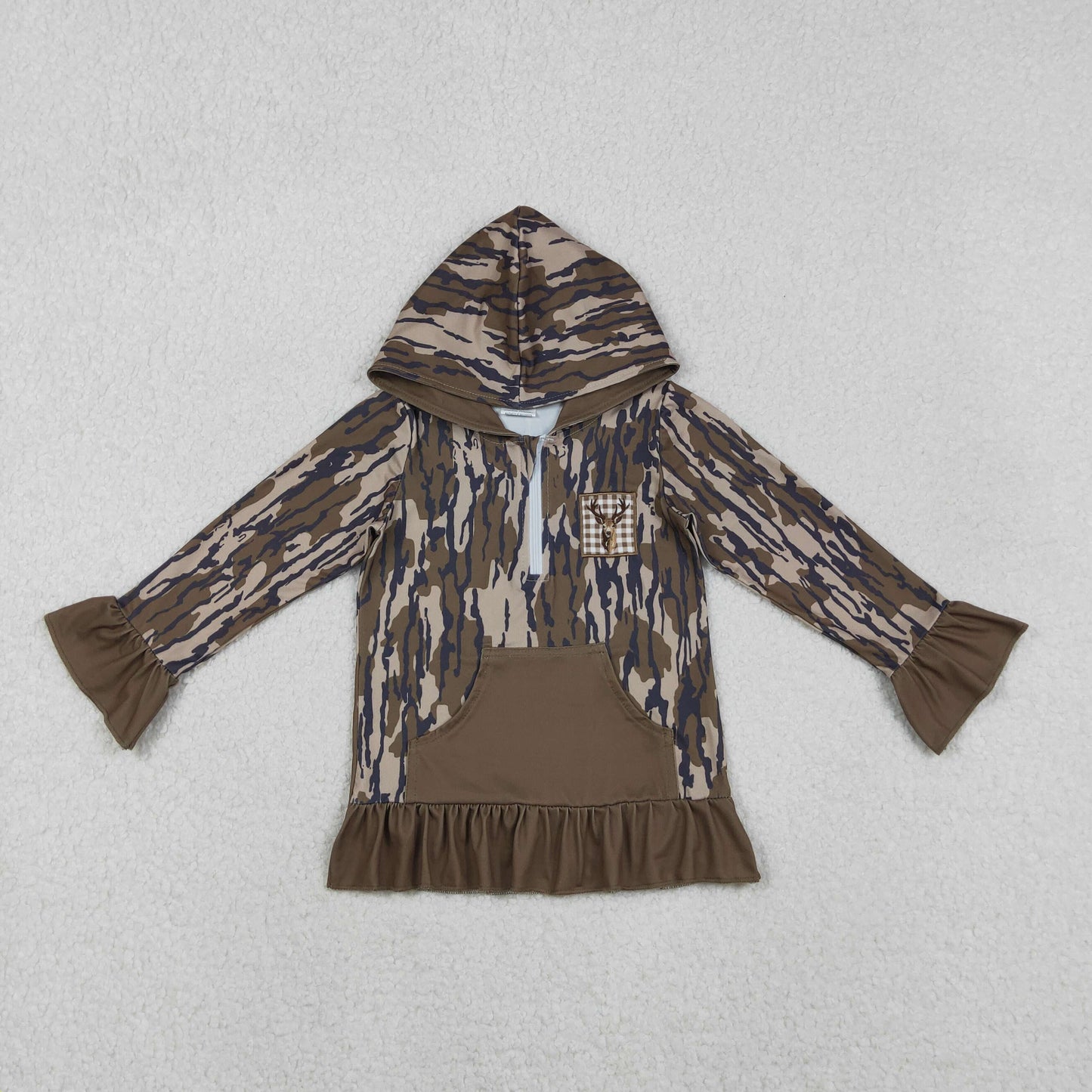 GT1135 Deer Embroidery Camo Print Girls Fall Hoodie Zipper Top