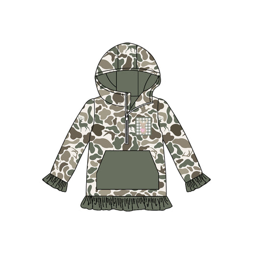 (Pre-order)GT1136 Deer Dog Duck Green Camo Print Girls Fall Hoodie Zipper Top