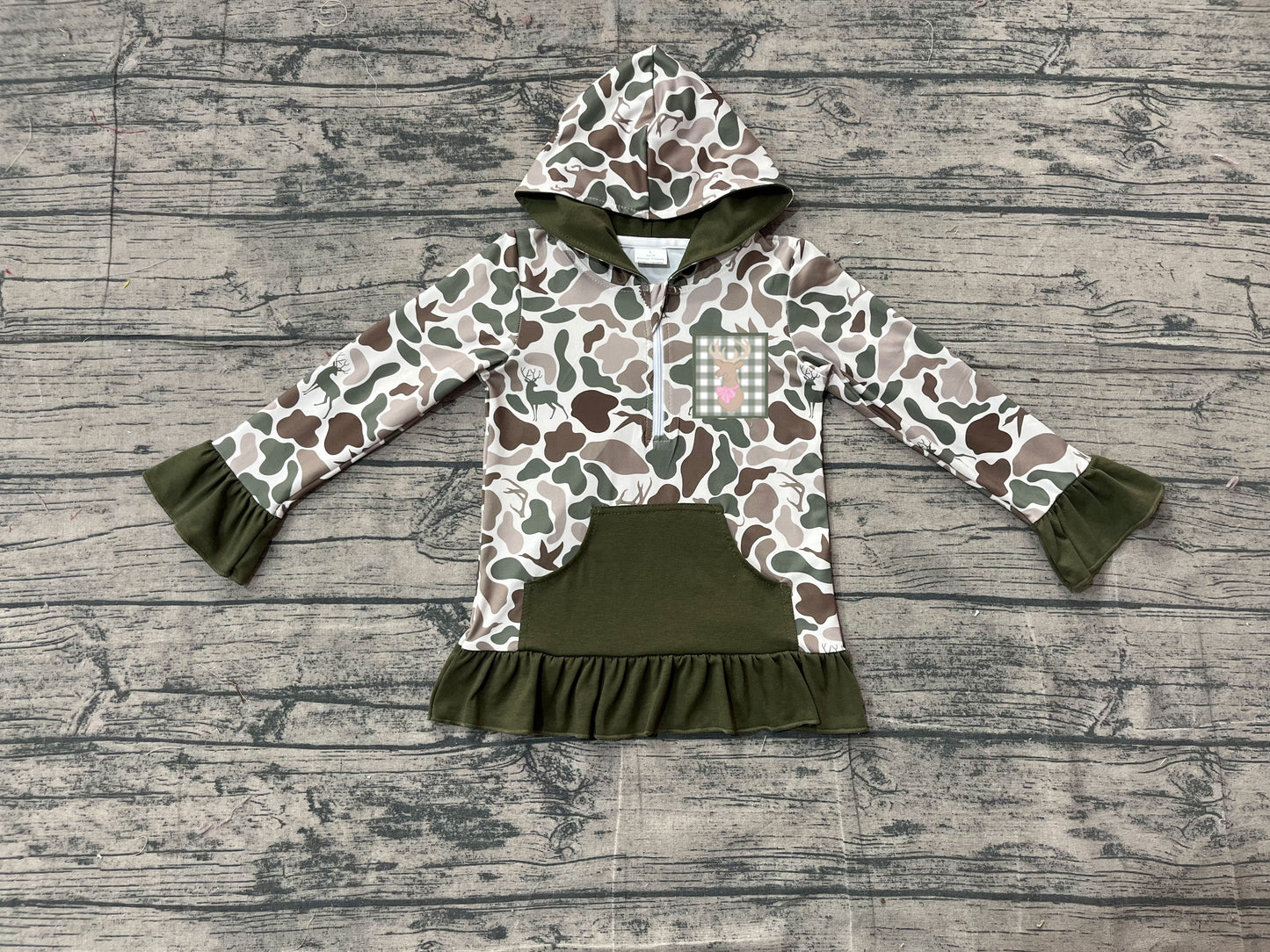 (Pre-order)GT1136 Deer Dog Duck Green Camo Print Girls Fall Hoodie Zipper Top