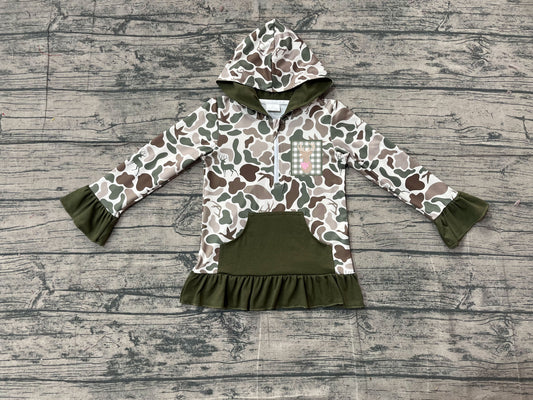 (Pre-order)GT1136 Deer Dog Duck Green Camo Print Girls Fall Hoodie Zipper Top