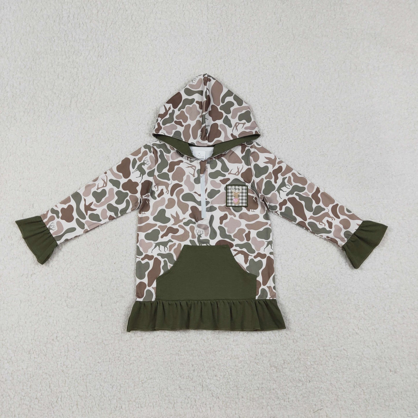 GT1136 Deer Embroidery Camo Print Girls Fall Pocket Zipper Hoodie Top