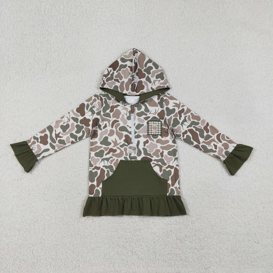 GT1136 Deer Embroidery Camo Print Girls Fall Pocket Zipper Hoodie Top