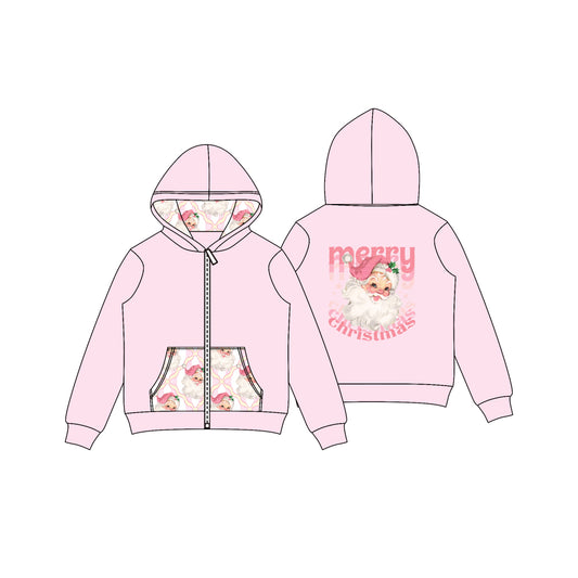 (Pre-order)GT1143 Santa Pink Print Girls Christmas Hoodie Zipper Jackets Top