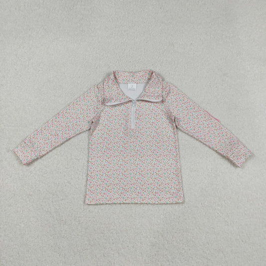 GT1145 Small Flowers Pink Print Girls Zipper Pullover Top