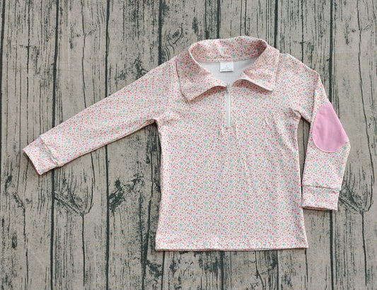 (Pre-order)GT1145 Small Flowers Pink Print Girls Zipper Pullover Top