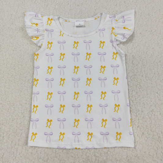 GT1147 Yellow Purple Bows Print Girls Summer Tee Shirts Top