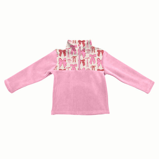 (Pre-order)GT1149 Pink Bows Print Girls Long Sleeve Zipper Pullover Top