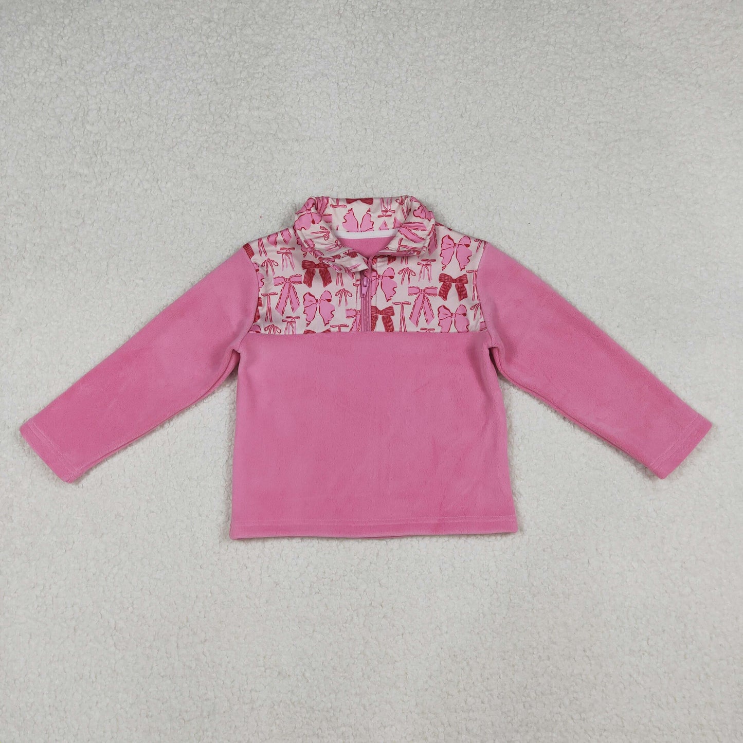 GT1149 Pink Bows Print Girls Long Sleeve Zipper Thick Pullover Top