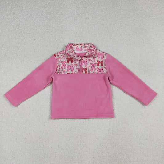 GT1149 Pink Bows Print Girls Long Sleeve Zipper Thick Pullover Top