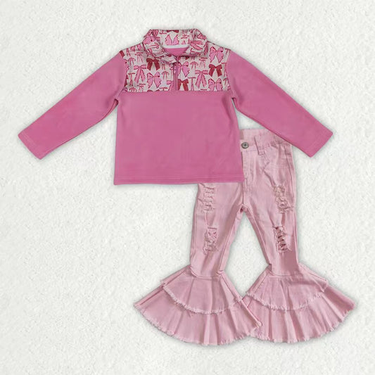 GT1149+P0005 Pink Bows Zipper Thick Pullover Top Hole Denim Bell Jeans Girls Clothes Set