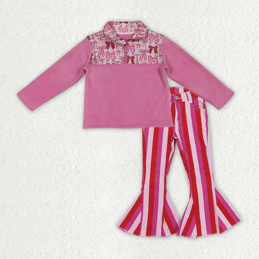 GT1149+P0043 Pink Bows Zipper Thick Pullover Top Stripes Denim Bell Jeans Girls Clothes Set