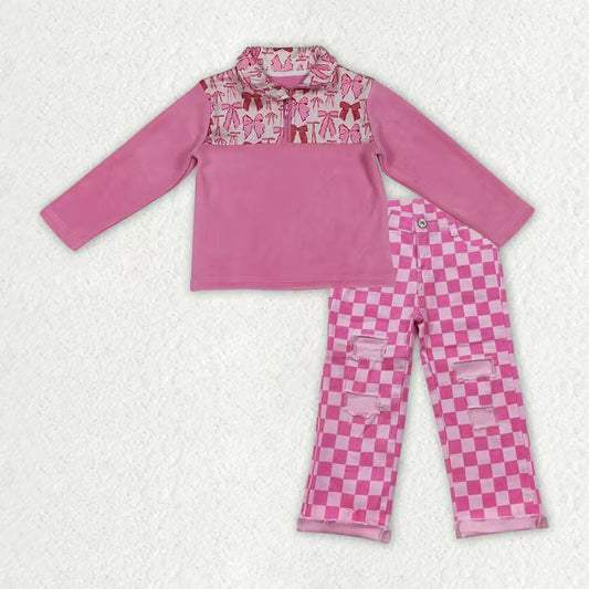 GT1149+P0096 Pink Bows Zipper Thick Pullover Top Hole Plaid Denim Jeans Girls Clothes Set