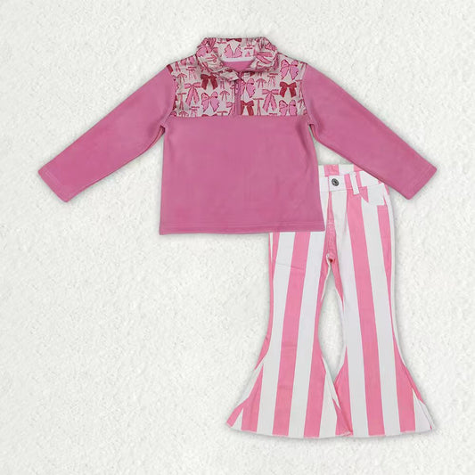 GT1149+P0315 Pink Bows Zipper Thick Pullover Top Stripes Denim Bell Jeans Girls Clothes Set