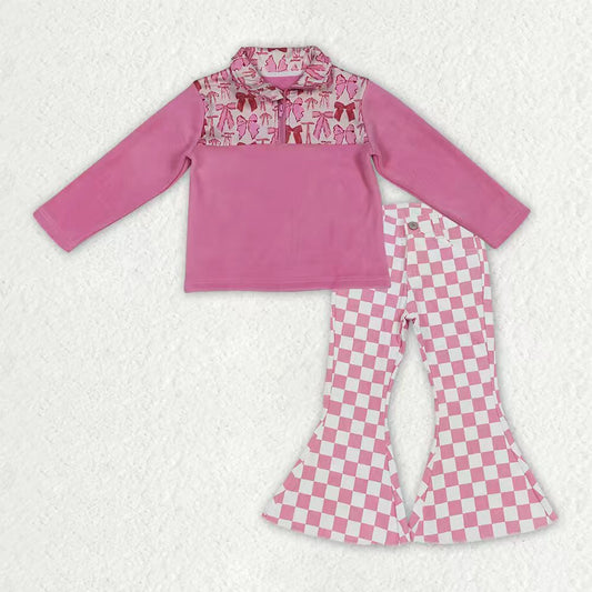 GT1149+P0348 Pink Bows Zipper Thick Pullover Top Plaid Denim Bell Jeans Girls Clothes Set