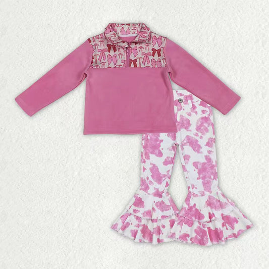 GT1149+P0406 Pink Bows Zipper Thick Pullover Top Tie-dye Denim Bell Jeans Girls Clothes Set
