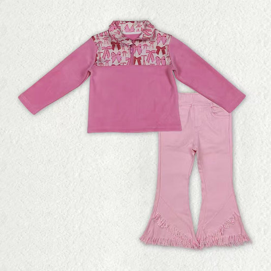 GT1149+P0463 Pink Bows Zipper Thick Pullover Top Denim Tassels Jeans Girls Clothes Set
