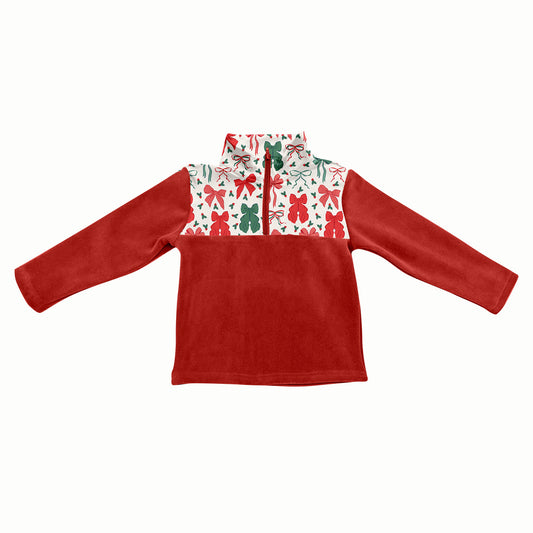 (Pre-order)GT1150 Red Green Bows Print Girls Christmas Zipper Pullover Top