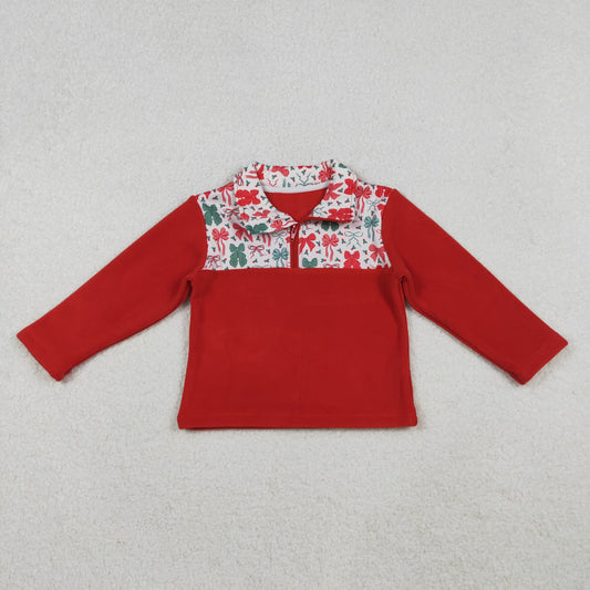 GT1150 Red Green Bows Print Girls Long Sleeve Zipper Thick Pullover Top