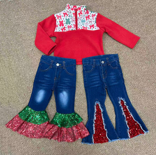 GT1150+P0113+P0532 Red Bows Zipper Thick Pullover Top Sequin Denim Bell Jeans Girls Christmas Clothes Set Sisters Wear